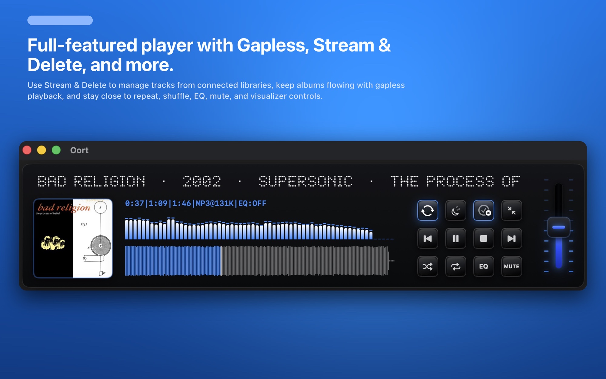 The Oort cloud music player on macOS — full-featured player with gapless playback, EQ and visualizer controls