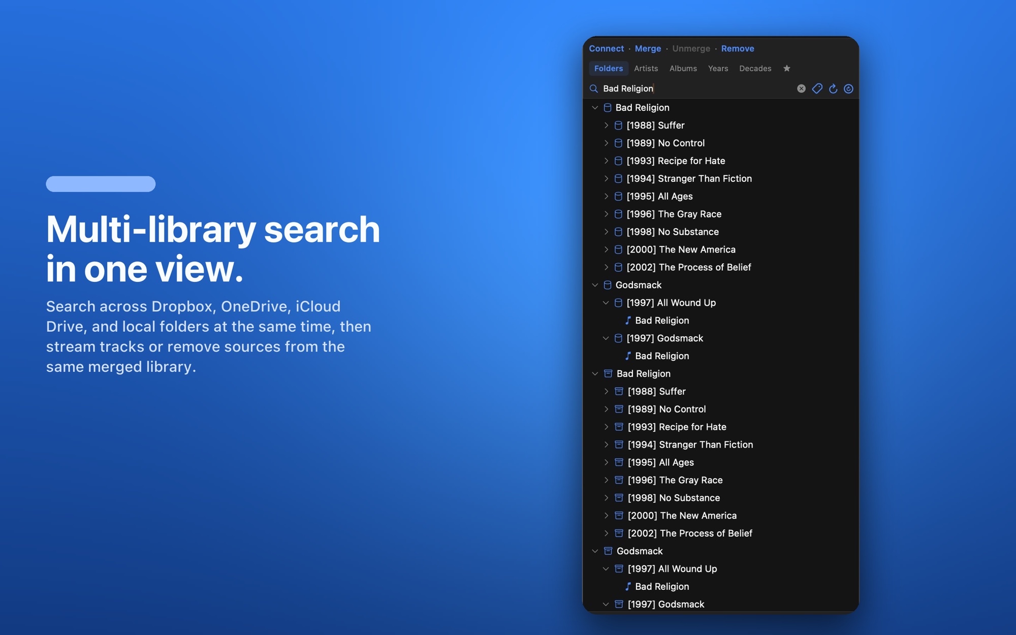 Multi-library search across Dropbox, OneDrive, iCloud Drive and local folders in one view